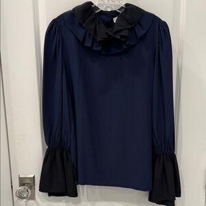 Tory Burch Midnight Blue Blouse with Ruffle Black Accent Collar
